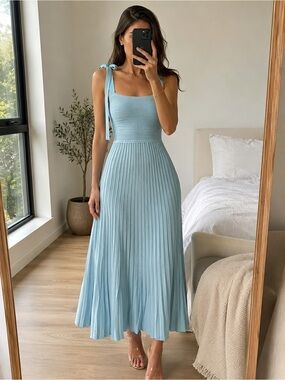 Endless Rose Blue Pleated Knit Maxi Dress Tie Strap Size M